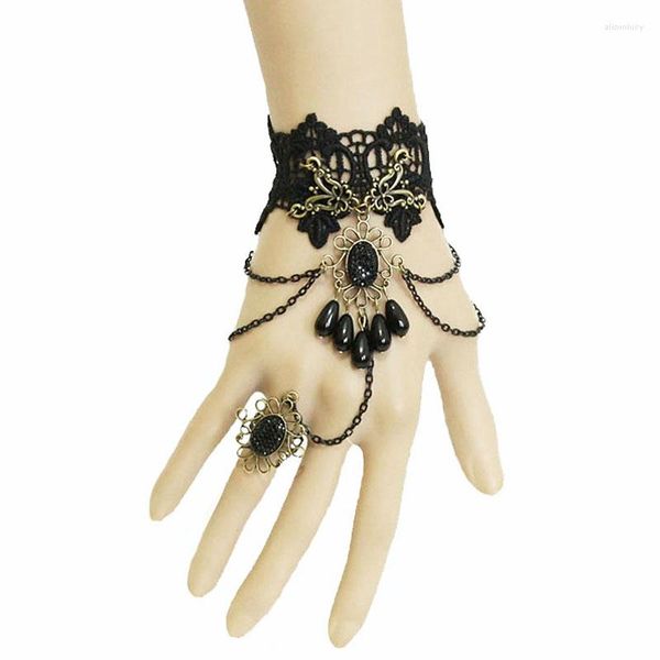 Halskette, Ohrringe, Set, handgefertigt, Kunstperlen, Stein, Tropfen, geschichtete Kette, Blumenmuster, schwarze Spitze, verstellbarer Ring, Armband, Sklave, Gothic, Lolita, Ballparty