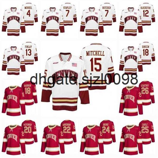 SJSJ98 Denver Pioneers NCAA Hockey College Jersey Griffin Mendel Brett Staple