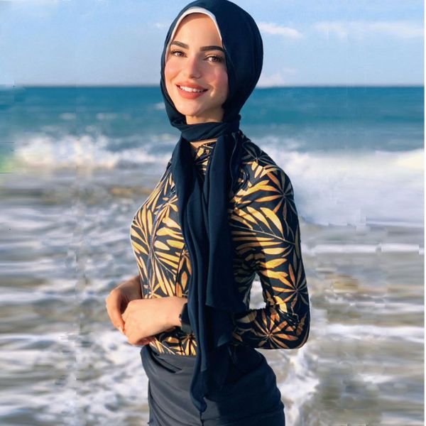 Fatos de duas peças roupa de banho muçulmana feminino modesto patchwork hijab manga comprida maiô esportivo 3 pçs traje de banho burquínis islâmico 230605
