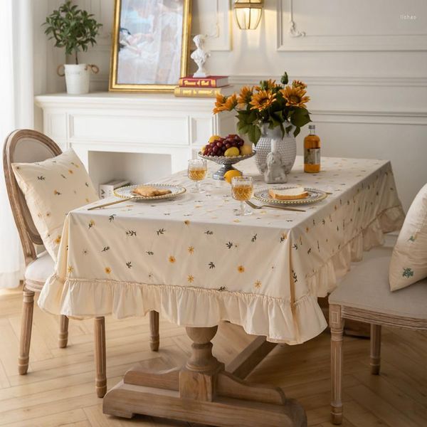 Tischdecke, luxuriöses Design, Baumwolle, Aprikose, bestickte Blumen, gerüschter Lotusrand, Kaffeebezug, Hochzeitsdekoration