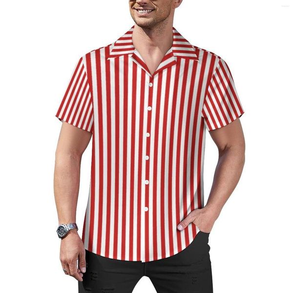 Camicie casual da uomo Camicia ampia a righe rosse verticali Camicia da spiaggia bianca da uomo Stampa maniche corte con motivo hawaiano Camicette oversize Y2K