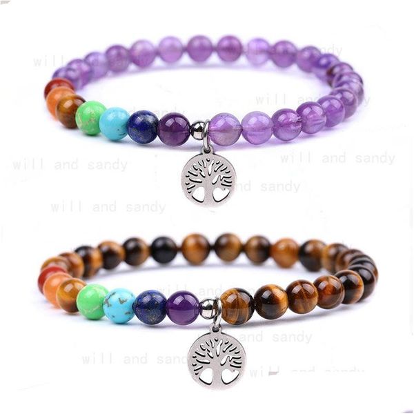 Pulseiras de pedra natural frisadas Yoga 7 Chakra Ametista Olho de Tigre Turquesa Árvore da Vida Charme Pulseira Para Mulheres Moda Jóia Dhykf