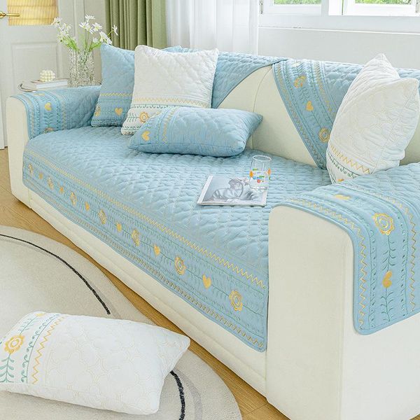 Capa de cadeira bordada para sofá de algodão almofada de sala de estar antiderrapante simples tecido de cor sólida universal