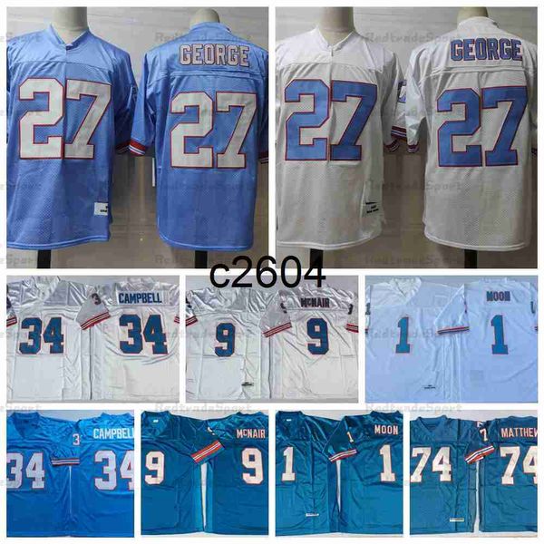 c2604 Vintage 27 Eddie George Fußballtrikots 1 Warren Moon 34 Earl Campbell 9 Steve McNair 74 Bruce Matthews Blau Weiß Herren genähte Hemden M-XXXL