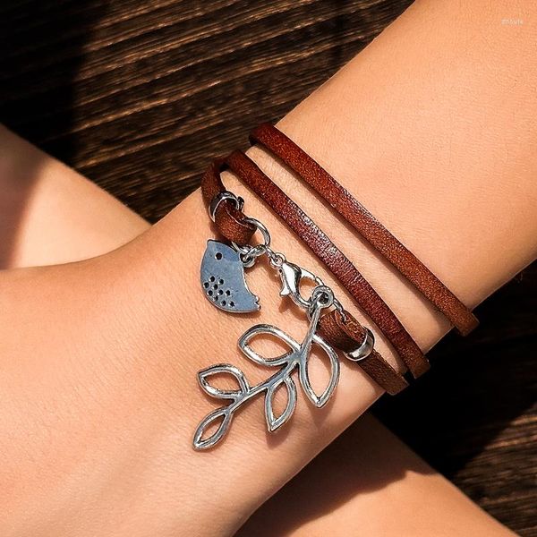 Charm Bracelets Fashion Jewelry Hand-woven Leather Rope Bracelet Vintage Charms Retro Multi-layered Bird Leaves Tassel For Woman