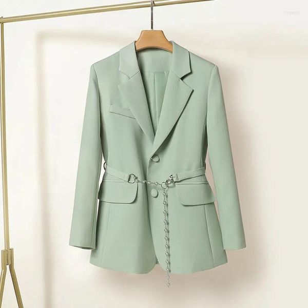 Ternos Femininos Jaqueta Verde Claro Feminino 2023 Primavera Outono Casual Cinto Explosivo de Alta Qualidade Blazer Top Manga Longa