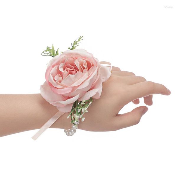 Braccialetti con ciondoli Bracciale da damigella d'onore Fiori a mano da sposa Nastro in poliestere Fiocco di perle rosa Regali da sposa Accessori da polso