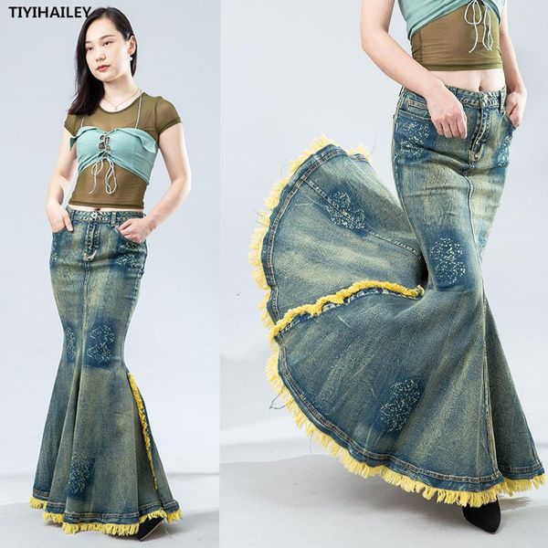 Vestidos tiyihailey frete grátis 2022 moda longa saia jeans maxi para mulheres sereia estilo peixe cauda alta cintura borda sxl alongamento