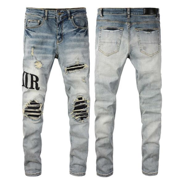 Мужские джинсы Дизайнерские рваные узкие ковбойские брюки Rock Revival Straight Slim Elastic Denim Fit Moto Pants Модная улица