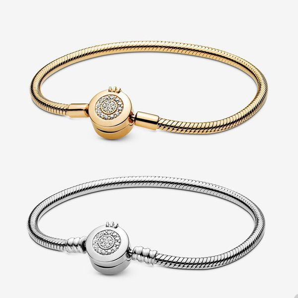 Pulseiras de charme dourado cintilante para Pandora Crown O Snake Chain Bracelet Set designer de joias para mulheres, meninas, festa de casamento, pulseira de ouro com caixa original