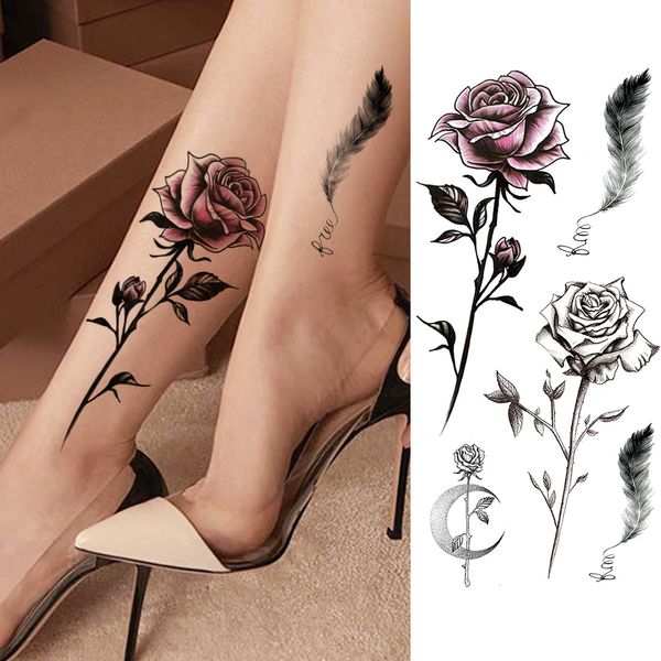 Tatuagens Temporárias Moda Feminina Adesivo de Flor Falso Rosa Pena TatooS Decalque À Prova D' Água Arte Corporal Pernas Tatuagens de Braço Para Mulheres 230606