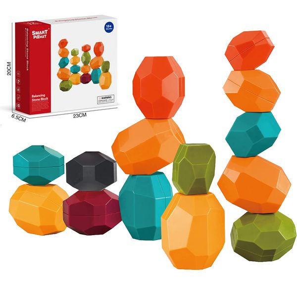 Dengeleme Taş oyuncak seti 12pcs Polyhedral plastik istifleme kayalar eğitim yaratıcı okul öncesi sanatlar öğrenme duyusal yapı taşları bulmaca büyük boy oyuncak