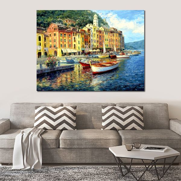 Arte de parede em tela impressionista artesanal Portofino Pintura de paisagem contemporânea Decoração de banheiro