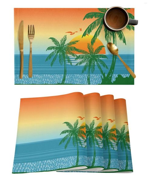 Esteiras de mesa Coqueiros Pôr do sol Gaivotas Água do mar Jantar Jogo americano Utensílios de mesa Almofada para pratos de cozinha 4/6 peças Decoração de casa