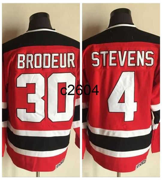 c2604 Vintage New Jersey 4 Scott Stevens 30 Martin Brodeur Hockey-Trikots Herren Heimtrikot mit roten Nähten C-Patch