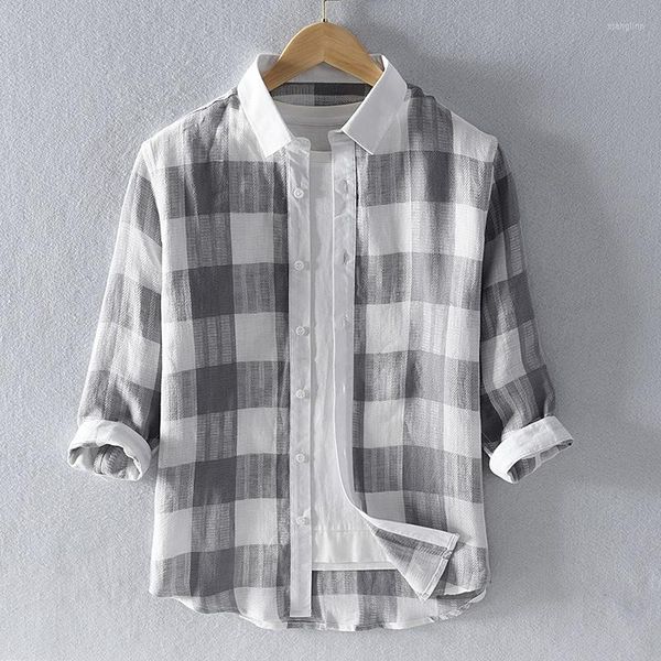 Camisas casuais masculinas de linho de algodão xadrez meia manga casual camisa social patchwork moda tops elegantes camisa masculina street wear TS-746