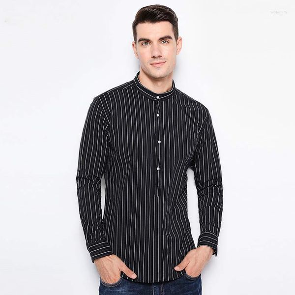 Camicie casual da uomo 2023 Camicia da uomo di arrivo Moda colletto alla coreana Design a righe in cotone Maniche lunghe slim fit