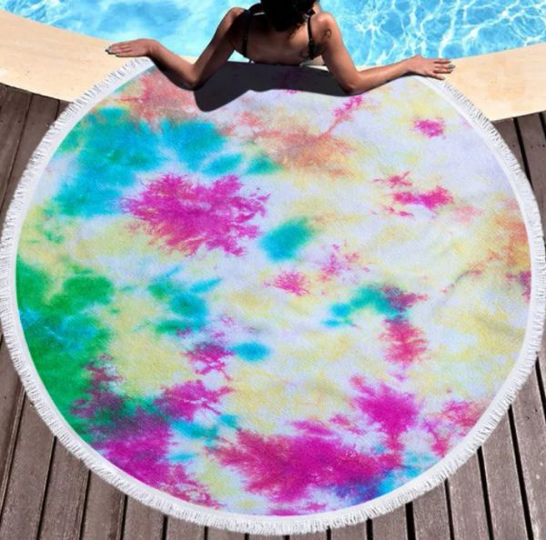 Moda A mais recente toalha de praia redonda impressa de 150 cm, estilo leve tie-dye, microfibra, borlas, toque macio