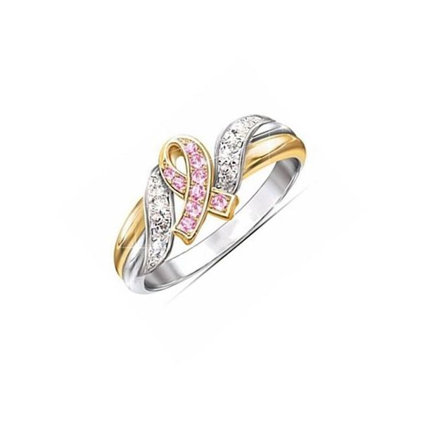 Band Rings Женская мода Twotone Pink Ribbon Hope Crystal циркон кольцо кольцо