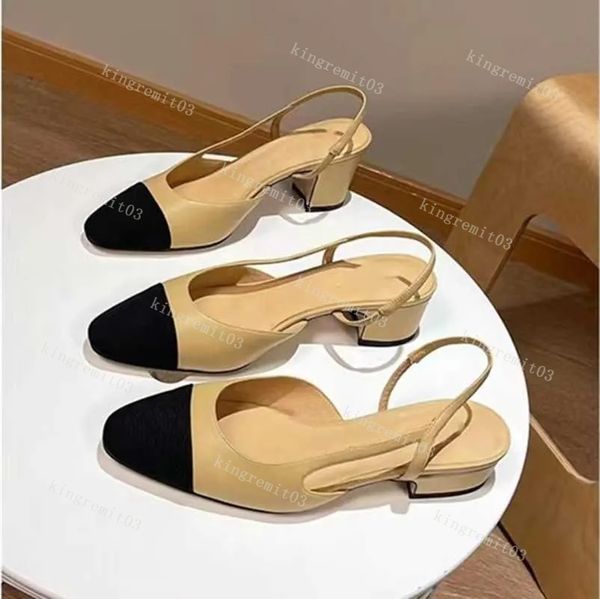 Tasarımcı Elbise Ayakkabı Buzağı Sandalet Kadın Siyah Ayak Parçası Strap Sandal Slingbacks Pompalar Bej Renk Orta Blok Topuklu Ofis Mary Jane Ayakkabıları Yaz Zapatos