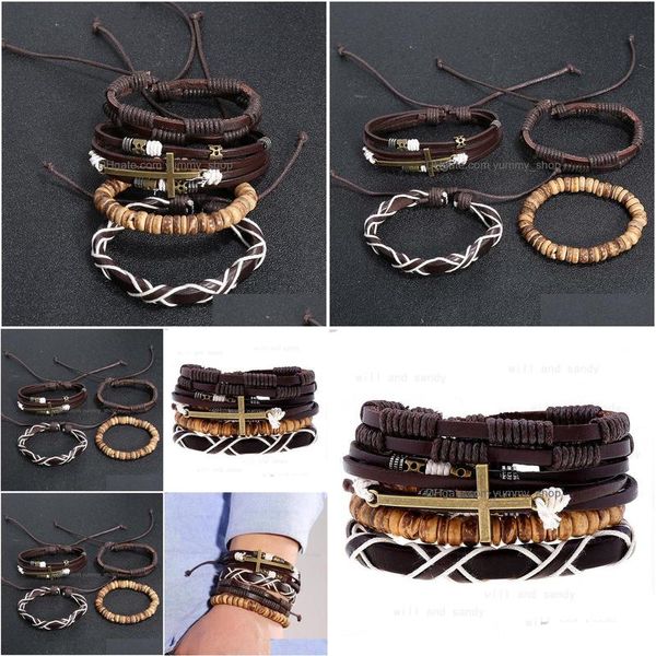 Charm Bracelets Mens Vintage Bracelet Set Ajustável Mitlayer Wrap Braided Cross Leather Wristband Bangle Cuff For Men Hip Hop Jewel Dhtw1