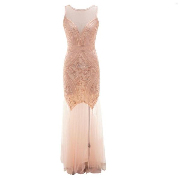 Lässige Kleider 1920er Jahre Vintage Kleid Flapper Great Gatsby Party O-Ausschnitt ärmellose lange Mesh Sping Pailletten glänzende Abend Vestidos