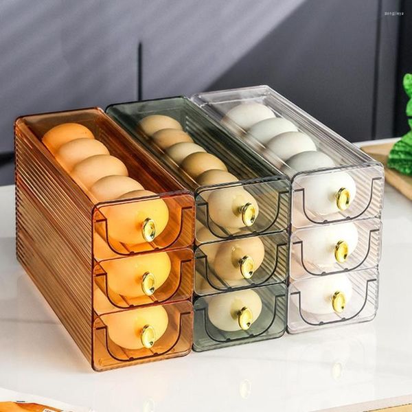 Garrafas de Armazenamento Caixa de Ovos Transparente Deslizante Automático Bandeja de 3 Camadas Geladeira Porta Lateral Estojo Organizador de Uso Diário Cocina Acessórios de Cozinha