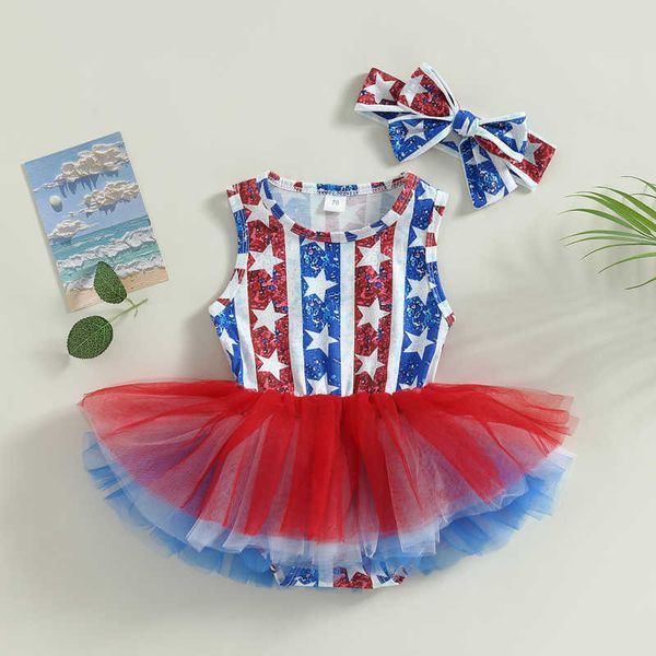 Tulumlar Bağımsızlık Günü Yenidoğan Bebek Kız Giyim Kolsuz Yıldız Baskılı Kısa Tül Tulum Kafa Bandı Seti G220606
