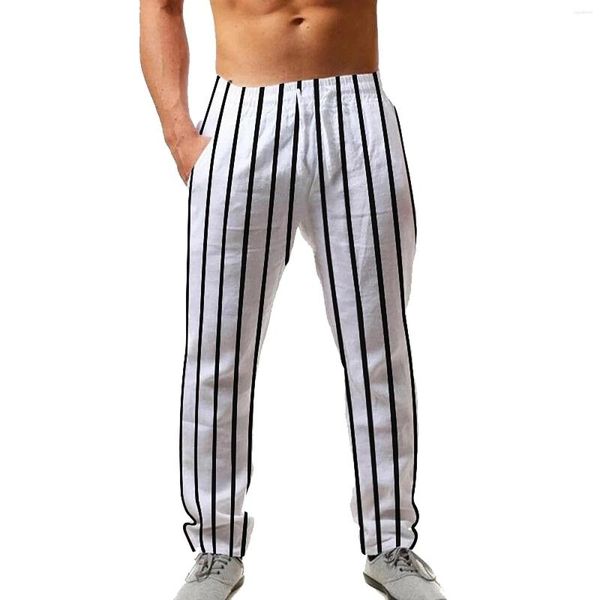 Herrenhose, Herren, Leinen, Baumwolle, gestreift, schmale Passform, Joggen, Sport, Übung, Stretch, Strand, Urlaub, Innenbereich, Haus