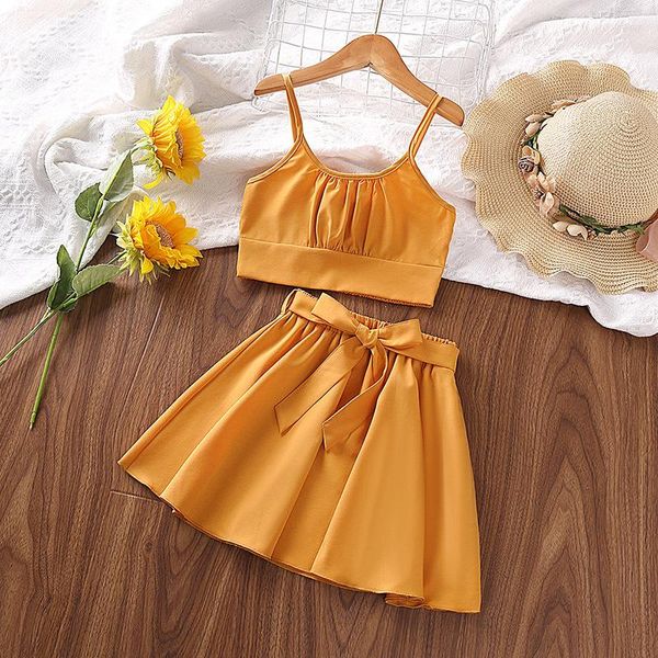 Mädchen Kleider Sommer Baby Rock Set Kinder Orange Sling Top Kurz 2-teilig Anzug 4-7 Jahre Kinder Mode Geburtstag Kleidung