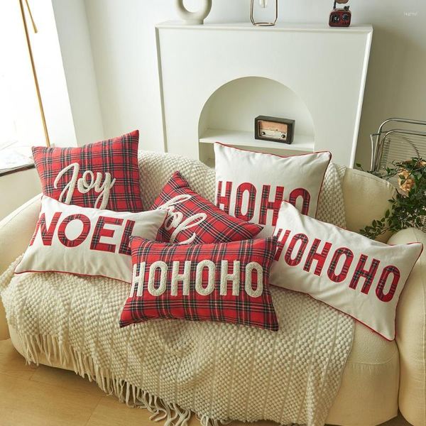 Cuscino Rettangolo di Natale Copertina Red Plaid Print White Letter Embroidery Case Xmas Home Textile Sofa Decoration