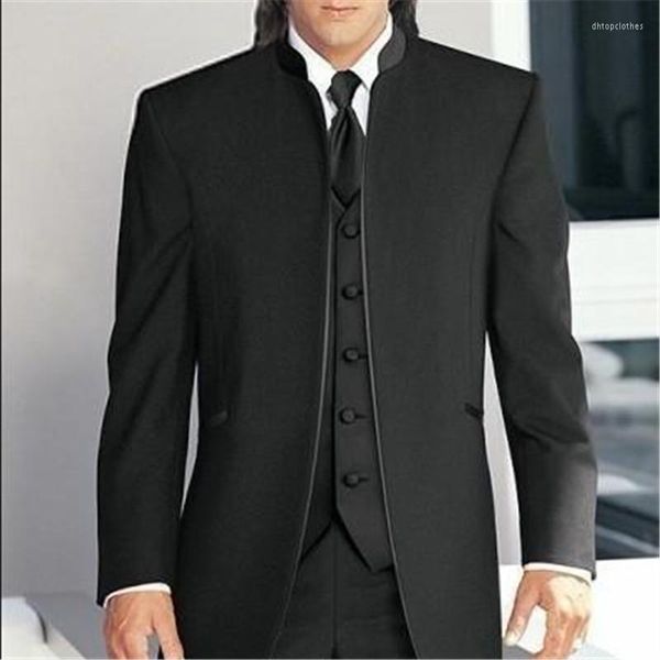 Erkekler Siyah Stand Yakası Erkekler Düğün 3Pieces (ceket pantolon yelek kravat) Özel yapım damat smokin adam blazer pantolon
