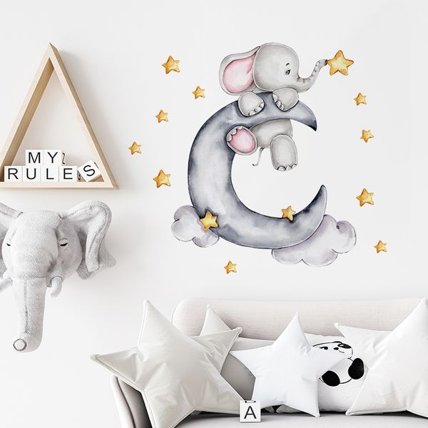 Cartone animato grigio elefantino luna stelle dorate adesivi murali vivaio decalcomanie murali per camera dei bambini adesivi decorativi camera ragazzo ragazza