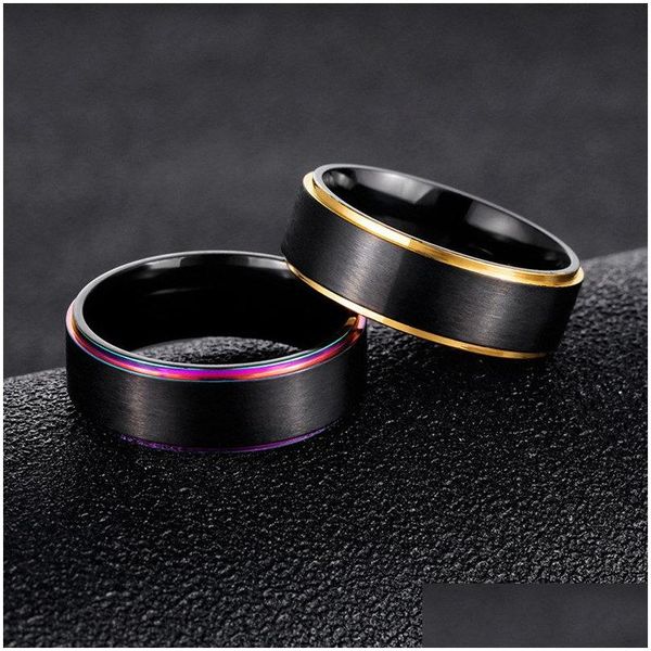 Bandringe Regenbogen Gold Seitenbürste Ring Schwarz Edelstahl Hochzeit Modeschmuck für Frauen Männer Geschenk Will und Sandy Drop Lieferung Dhzes