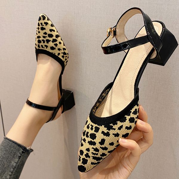 Sandali Donna Moda Stampa leopardata Tacchi alti Scarpe a punta Cinturino morbido e confortevole con tacco spesso Suola in gomma antiscivolo Summe