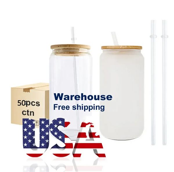 US CA Warehouse 16-Unzen-Becher, gerade, blanko, Sublimation, mattiert, durchsichtig, Kaffeeglas, Becher mit Bambusdeckel und Strohhalm JN06