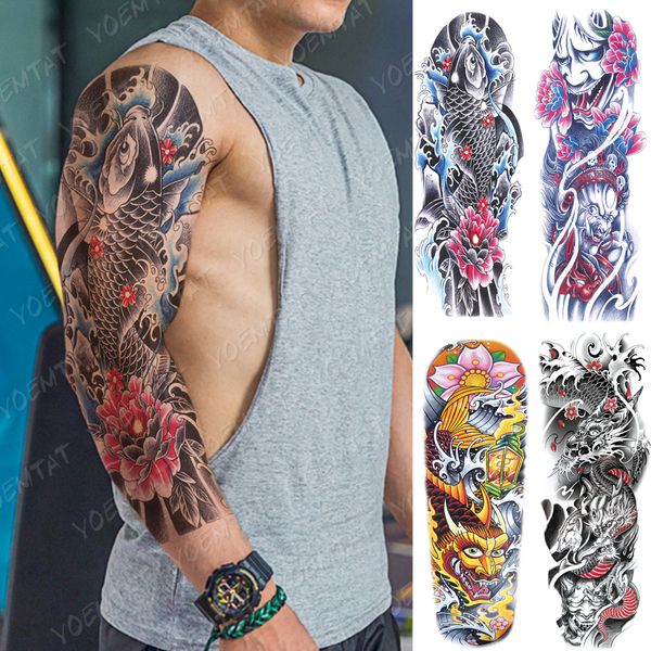 Geçici dövmeler büyük boy su geçirmez dövme çıkartmaları prajna iblis koi ejderha flaşı tatoo adam vücut sanat aktarılabilir sahte kollu dövme 230606