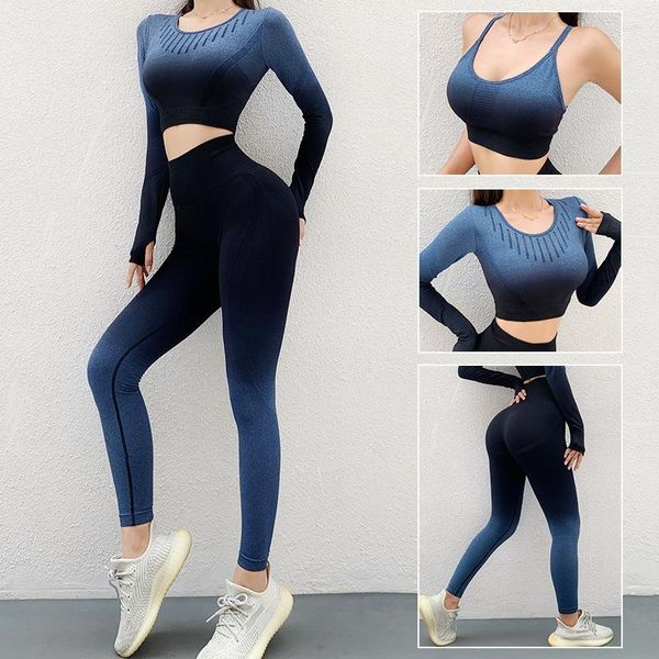 Aktive Sets Winter Farbverlauf Fitness Wear Gym Sport BH Leggings Set Damen Eng anliegende Hüften Hohe Taille Nahtlose Yogahosen