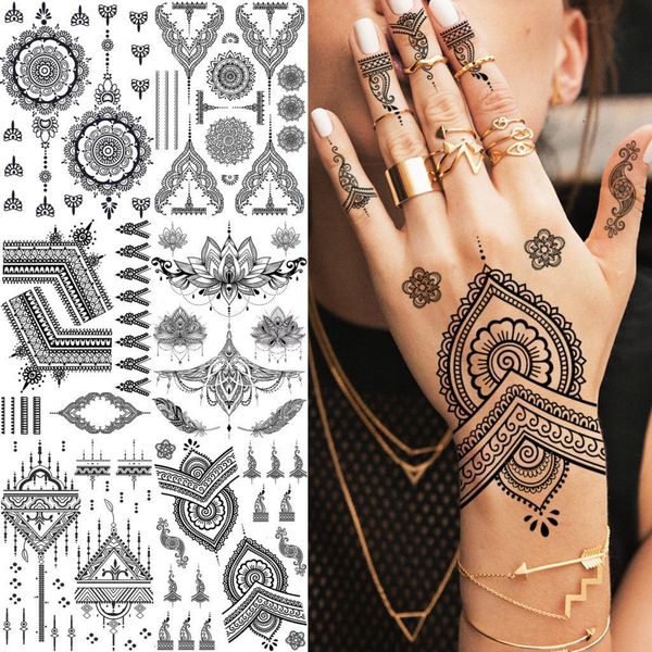 Tatuagens temporárias REJASKI Adesivo de renda de henna preto para mulheres Borboleta Traça Mehndi Flor Falsa Tatuagem Pena Flora 230606