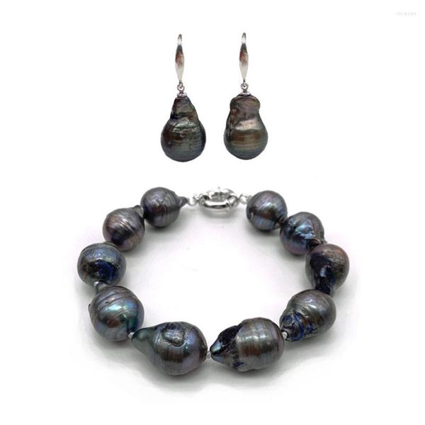 Collar Pendientes Conjunto Pulsera Gancho Perla 13-22mm Estilo Barroco Negro Gris Color Nucleado Flameball Forma De Pera