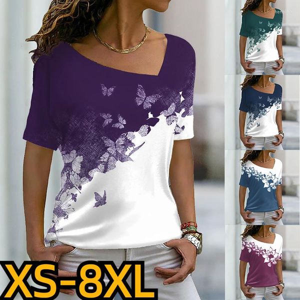 T-shirt da donna 2023 Summer Plus Size manica corta con scollo a V T-shirt con stampa di design alla moda T-shirt a maniche corte da donna con scollo a V classico