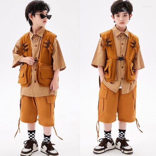 Stage Wear Bambini Kpop Abbigliamento Hip Hop Canotta Cargo Marrone Top Camicia Casual Pantaloncini da Strada per Ragazze Ragazzi Vestiti in Costume da Ballo Jazz