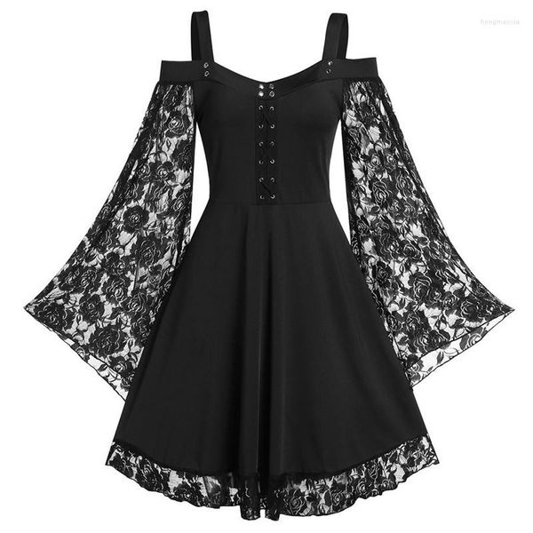 Abiti casual Abito estivo gotico scuro Donna Abito vintage in pizzo patchwork Flare manica Costume punk da festa a trapezio nero