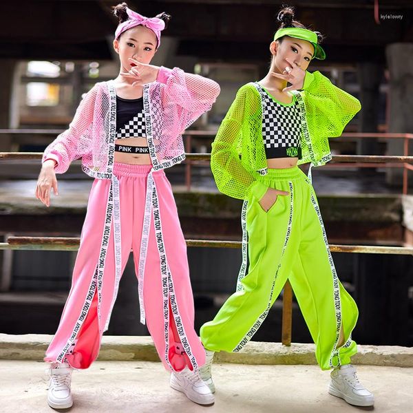 Sahne Giyim Çocuklar Hip Hop Kostüm Floresan Yeşil Net Üstler Pantolon Caz Dans Kıyafetleri Kızlar İçin Performans Sokak Kıyafet