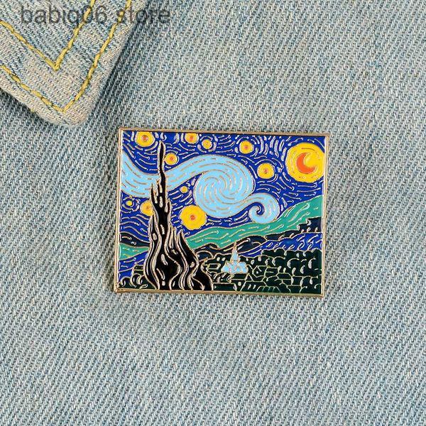 Pins Broschen Schmuck Van Gogh Ölgemälde Sternenhimmel Mondschein Cartoon-Version Brosche Geschenk vielseitige Kleidungsaccessoires T230605