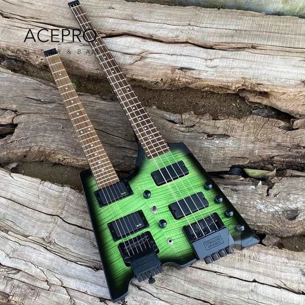 Disponibile Chitarra elettrica senza testa a doppio manico Green Burst Top in acero fiammato Tremogo Bridge Chitarra a 6 corde + Combo per basso a 4 corde