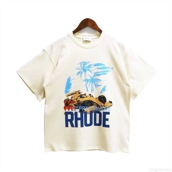 Camicie 23ss Rhude New Men Oversize Coconut Racing Lettera Stampa T-shirt Donna Maglietta di alta qualità Magliette allentate