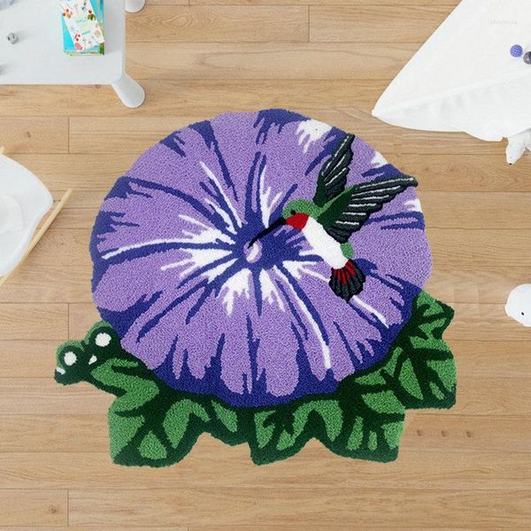 Tapetes Roxo Morning Glory Tapete Flor Decoração para Casa Bordado 3D Macio Conforto Pelúcia Sala de Estar Tapete antiderrapante para cabeceira