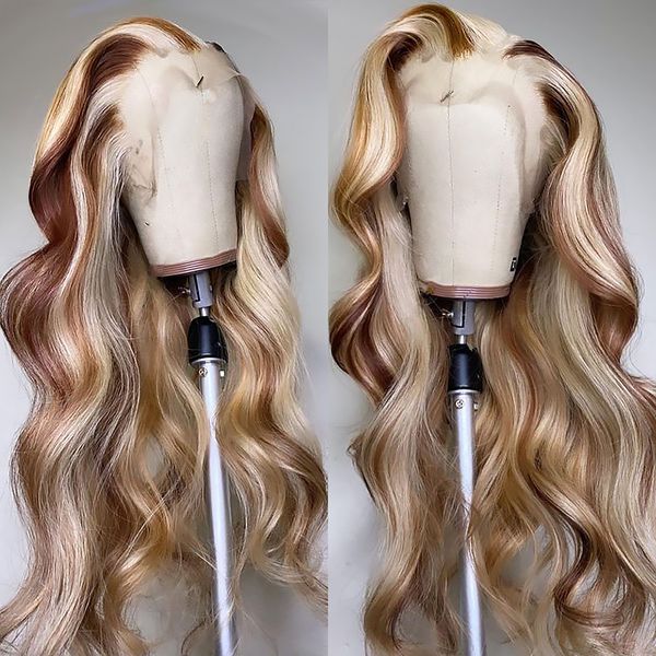 Haarzubehör peruanische Haare Blonde Highlight Spitze vorne Perücken Körperwelle 13x4 Spitzen Frontalperücke Honig Blonde farbige synthetische Cosplay -Perücken für schwarze Frauen