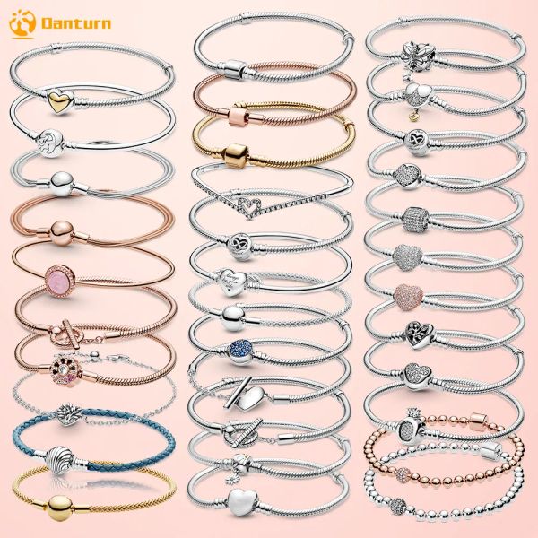 Autêntica Corrente de Cobra Fit Pandora Pulseira Designer para Mulheres Europeu Bead Pingente Diy Coração Infinito Wishbone Coração Azul Disco Ventilador Fecho Coração T-Bar Multi